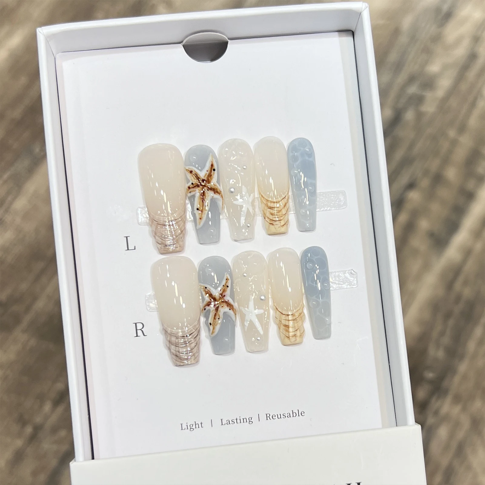 10개 롱 T자형 블루 버터플라이 프레스온 네일 오션 스타일 3D 프렌치 팁 인조 손톱 여성용 DIY 네일 아트 키트