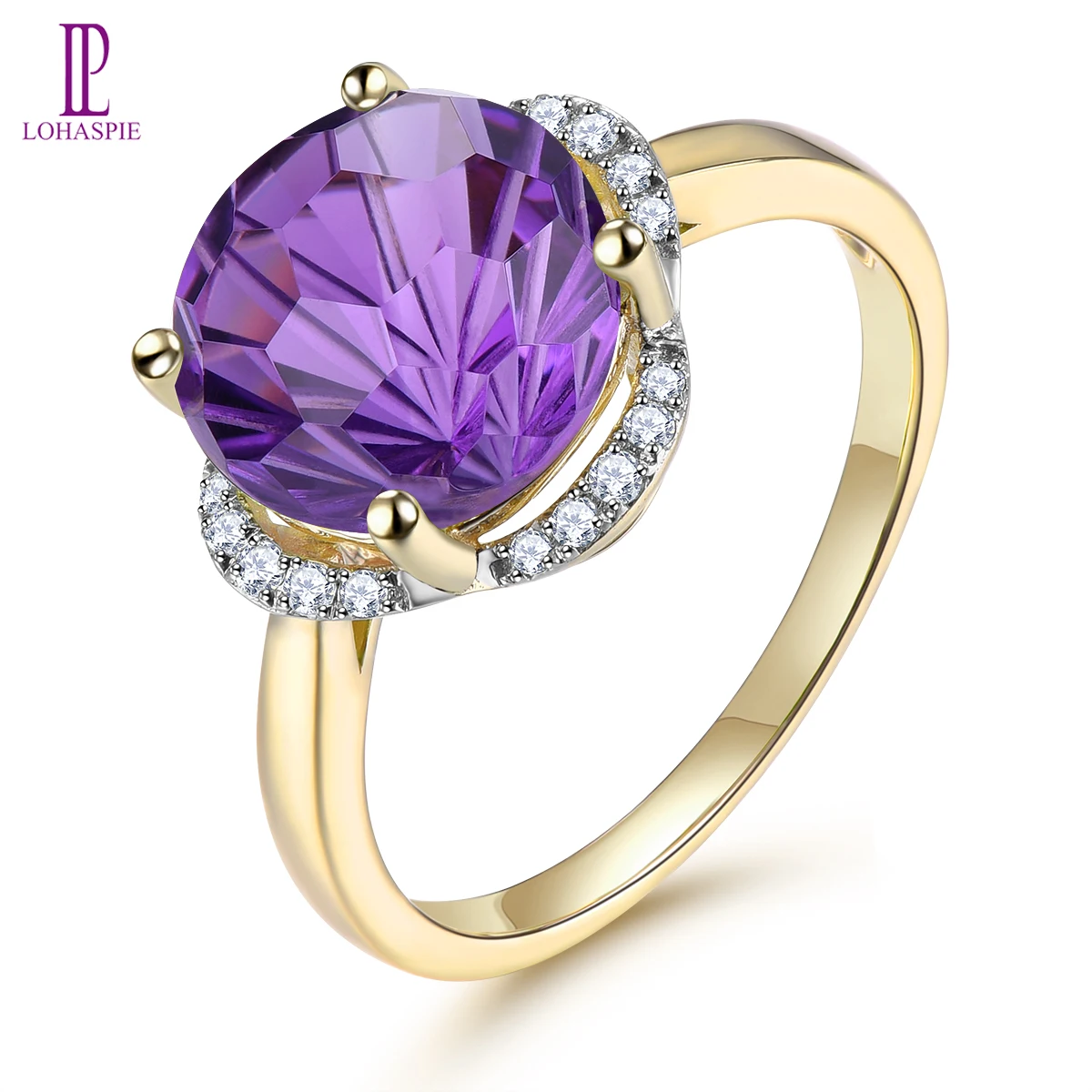 Lohaspie Natural Amethyst Real 9K Yellow Gold Ring 4.2 Carats Genuine Gemstone Romantic Luxury Style Women Engagement Rings