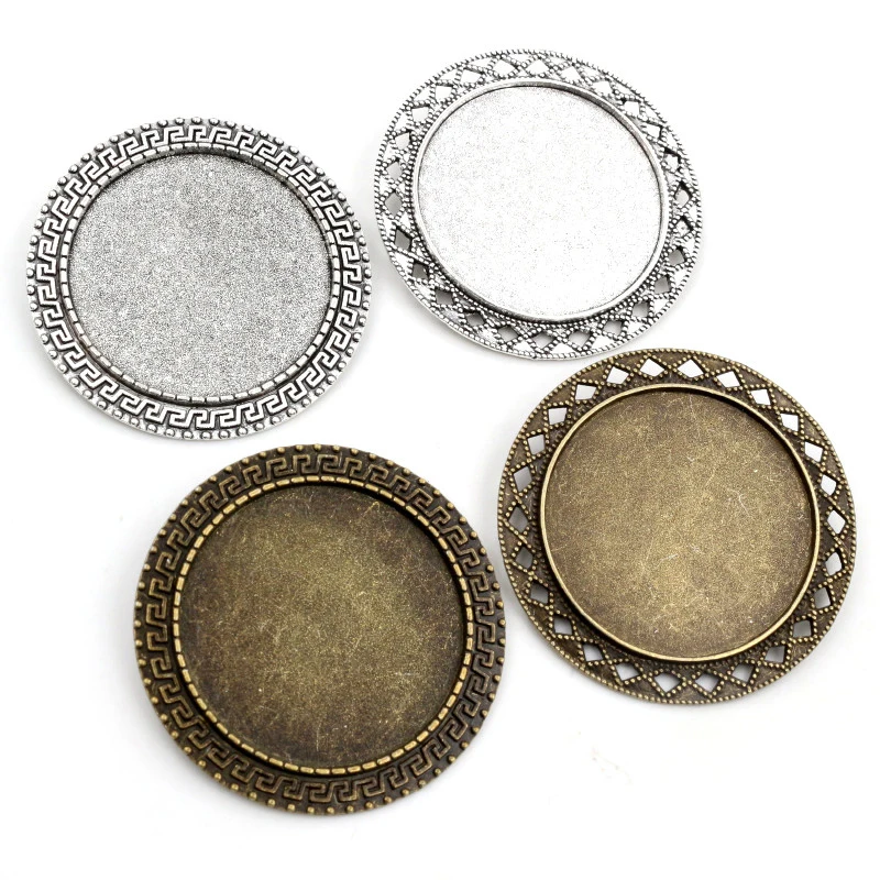 

New Fashion 5pcs 35mm Inner Size Antique Bronze And Silver Plated Brooch Style Cabochon Base Setting Charms Pendant