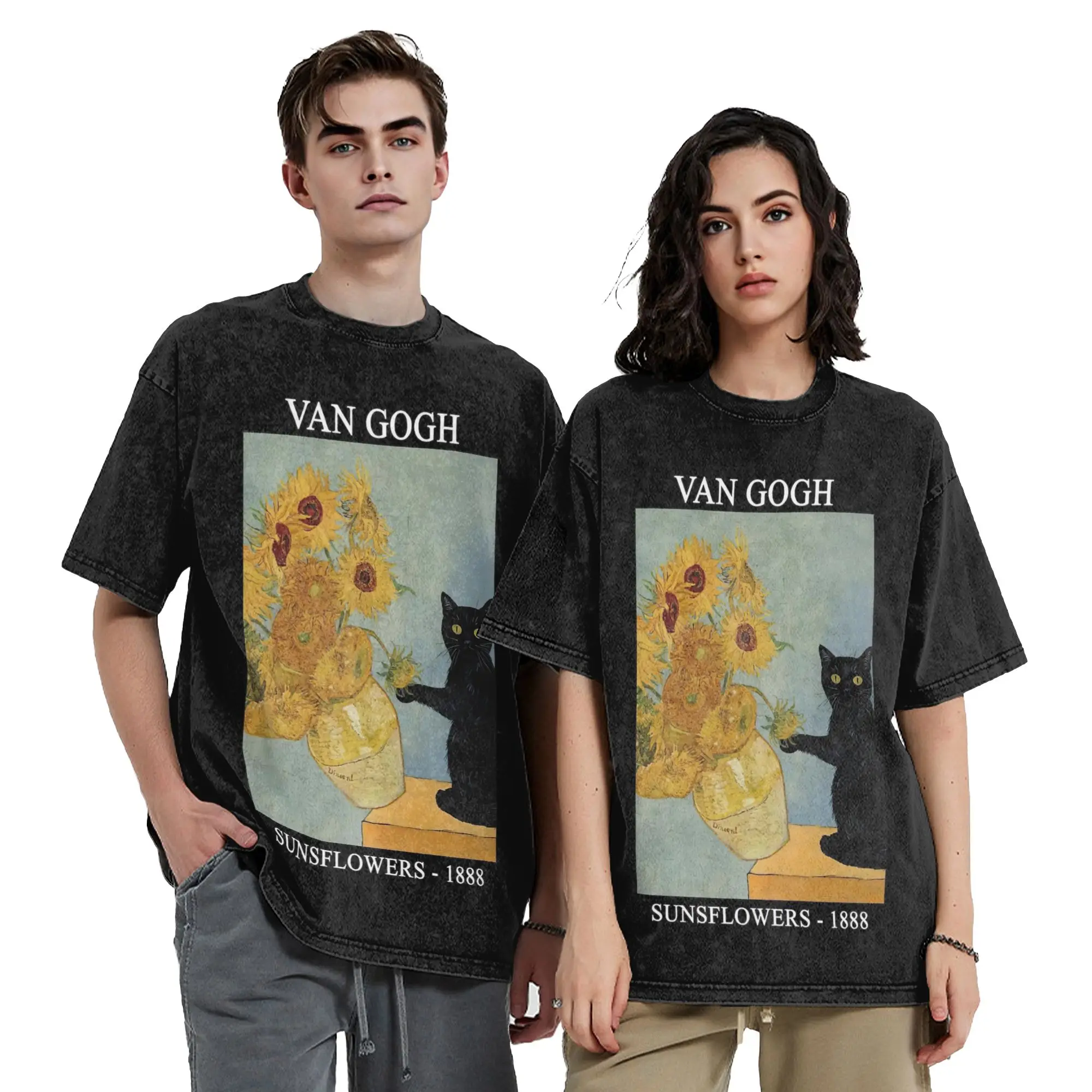 Cat Van Gogh Sunflowers Meme T Shirt Hip Hop Washed High Street T-Shirt  Novelty Men Women Tops Streetwear Printed Tees