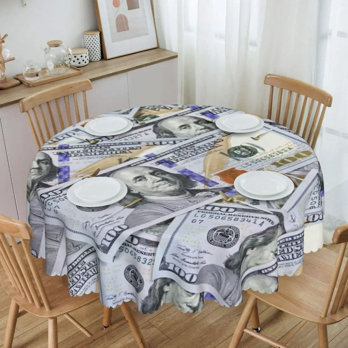 Round Waterproof United States Money Dollar Banknotes Table Cover Tablecloth for Dining 60 inches Table Cloth