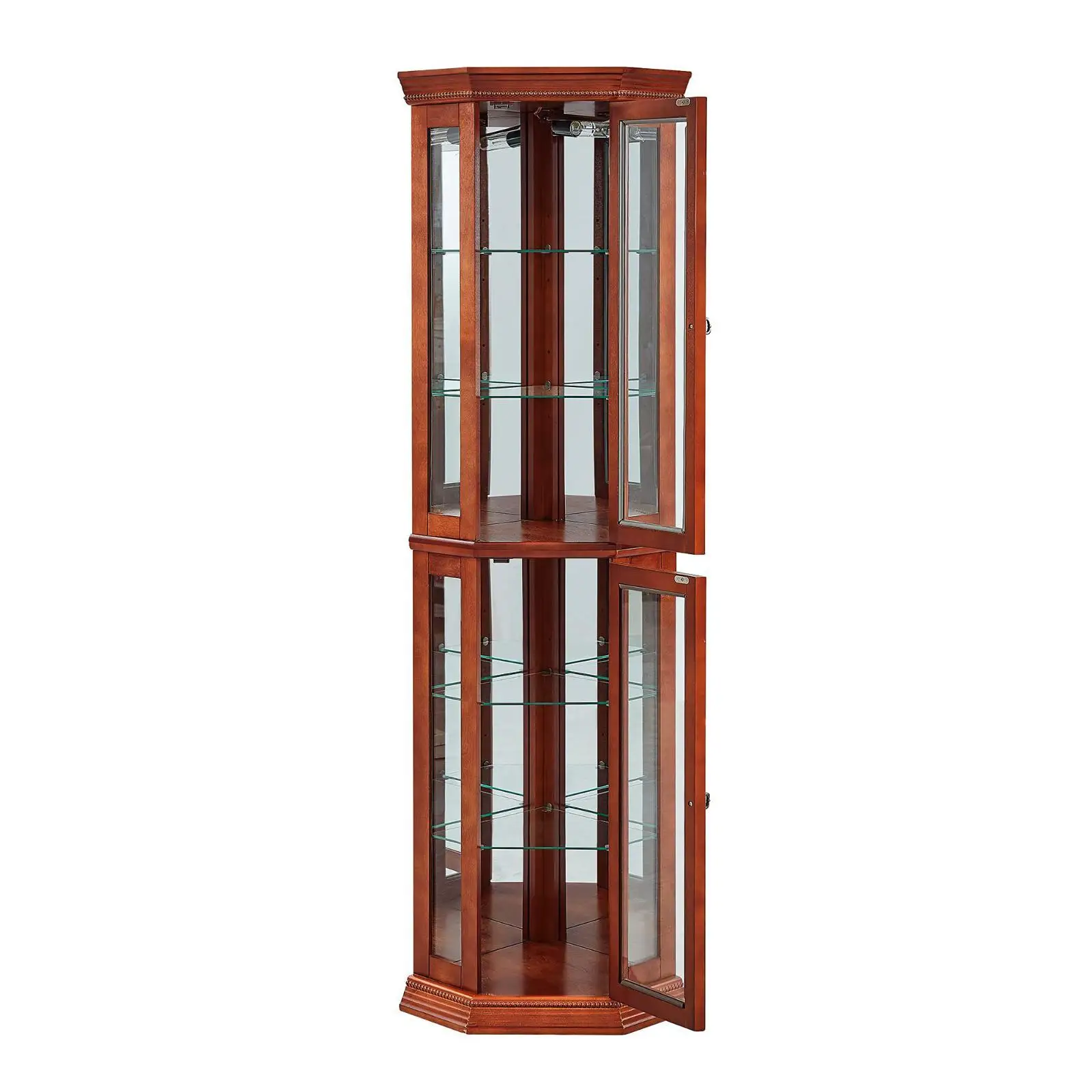 Lighted Corner Display Cabinet with Glass Shelves And Mirrored Back