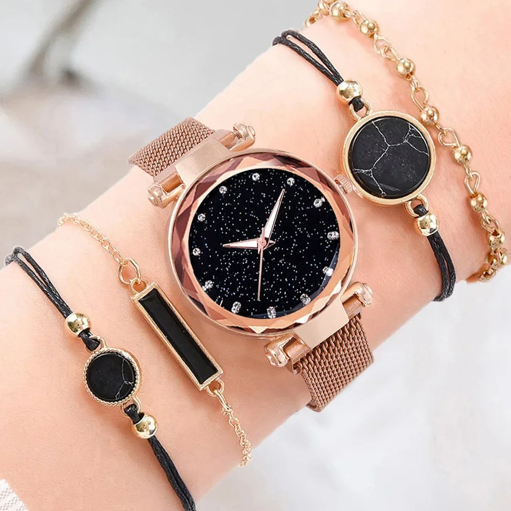 5pcs Women Fashion Starry Sky Watches Magnet Buckle Mesh Belt Diamond Quartz Watch Women Dress Clock Wristwatches for Girl Gift