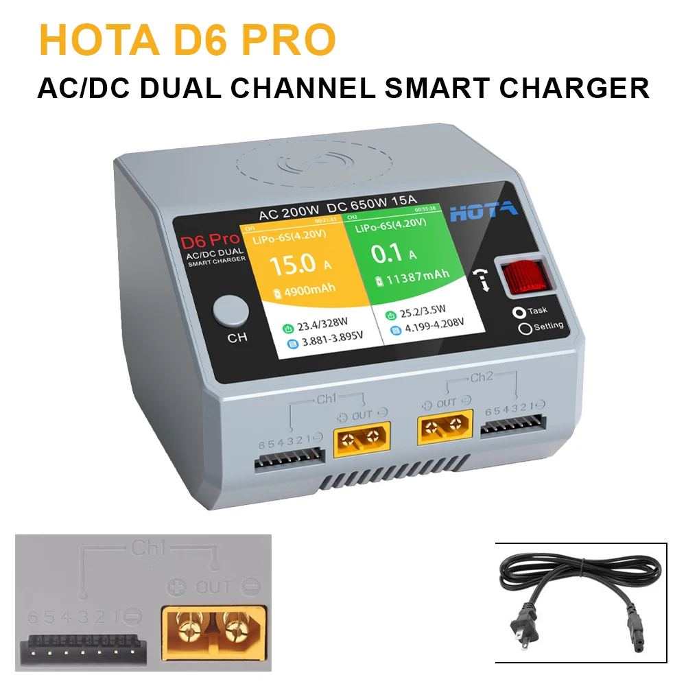 

HOTA D6 Pro AC 200W DC 650W 15A D6 DC 2X325W 2X15A Charger With Wireless Charging for 1-6S Lipo LiHV/NiZn/Nicd/NiMH Battery