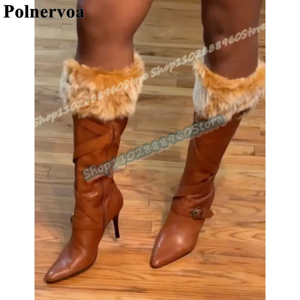 Knee High Brown Buckle Strap Furry Boots Stilettos High Heel Shoes For Women Side Zipper Pointed Toe Trending Zapatos Para Mujer