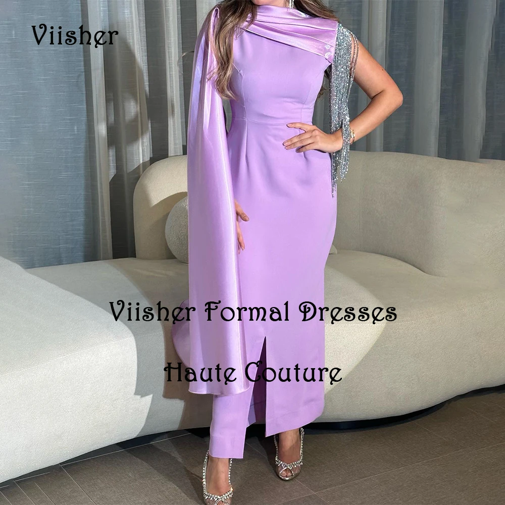 

Lavender Mermaid Evening Dresses One Sleeve Arabic Dubai Prom Dress with Slit Ankle Length Formal Occasion Gowns