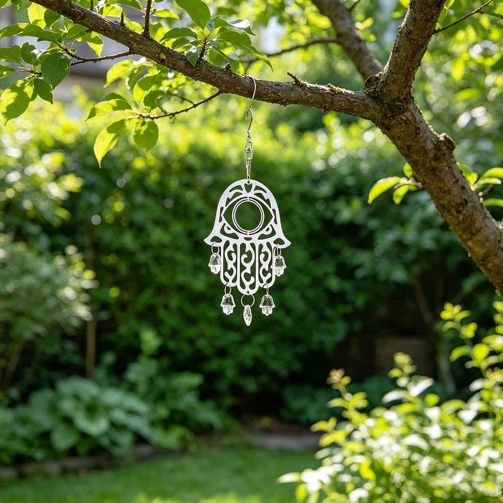 Bohemian Stainless Steel Hamsa Hand Crystal Suncatcher Stainless Steel Evil Eye Hanging Ornament for Garden Home Decor Gift