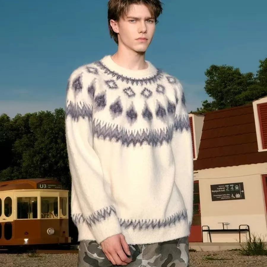 

Новый ретро американский рождественский трикотаж, свободный мужской осенне-зимний тренд, верхнее пальто в ленивом стиле для пары, свитер с круглым вырезом, пуловер