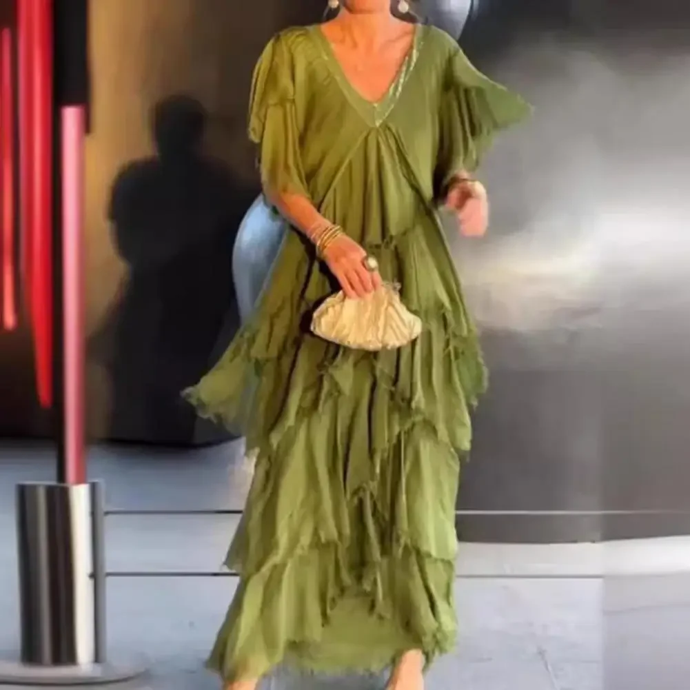 Vestido de noite feminino para o verão cor sólida manga curta vestido de festa lantejoulas retalhos rasgado espalhado em camadas vestido com decote em v