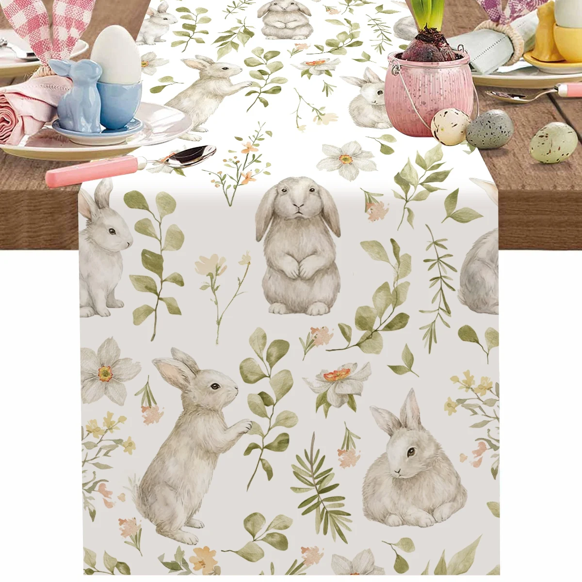 Eucalyptus Bunny  Easter Table Runner 70 Inches Long Spring Kitchen Dining Table Decor Happy Easter Decoratios Party Decor