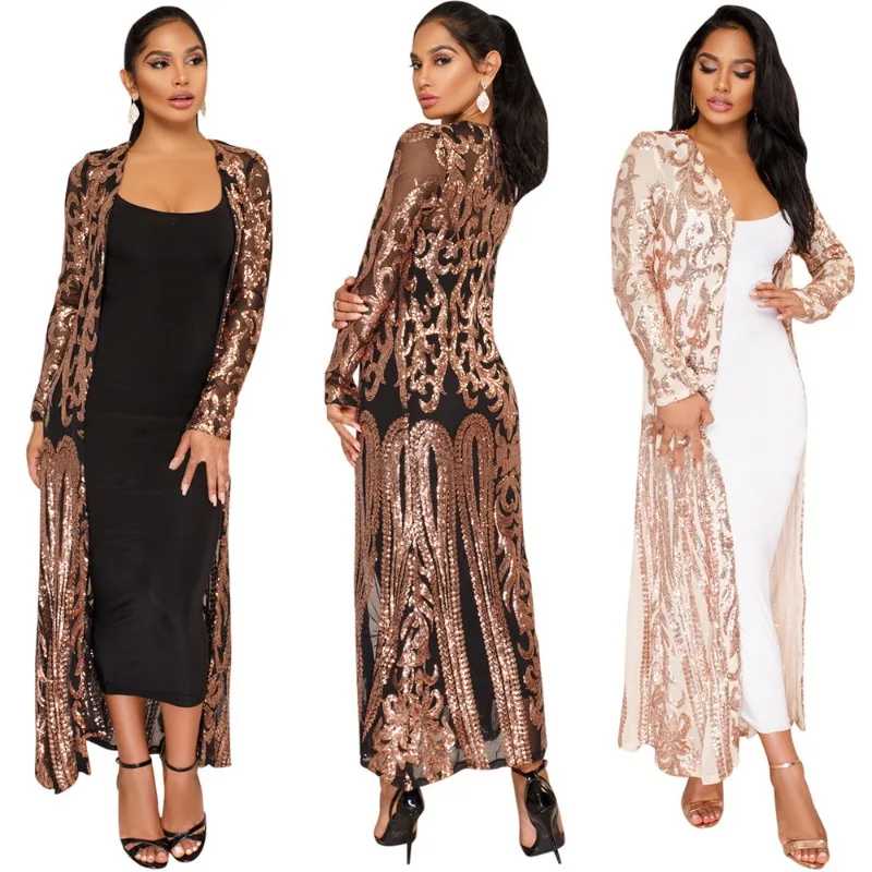 2024 Spring Summer New Women\'s Clothing Sequin Long Dress Sexy Sequined See-through Cardigan Dress