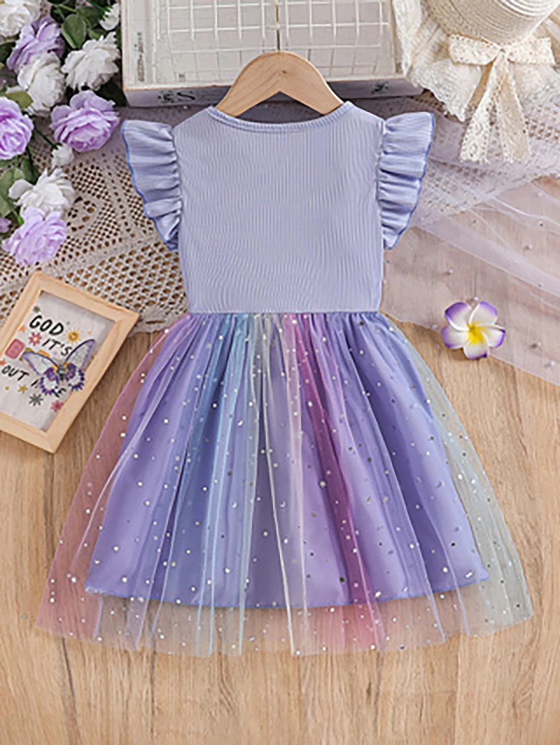 Girls' Purple-Pink Gradient Sequin Princess Dress, Summer Flutter Sleeve Bow Tulle Skirt