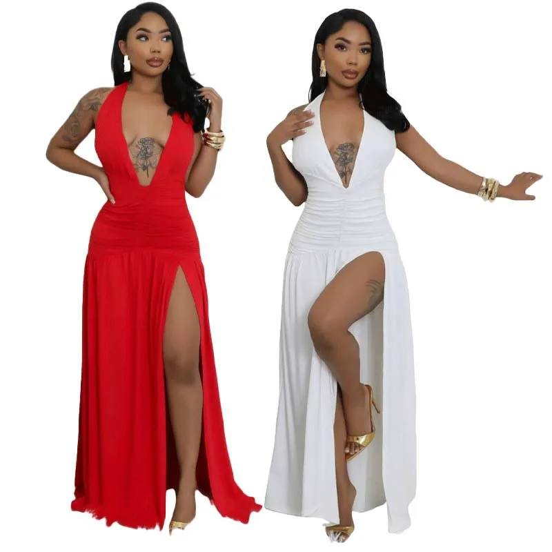 

Floor Length Dress Women Sexy Long Dresses V Neck Vestidos Streetwear Sleeveless Elegant Y2k High Waist White Party Night