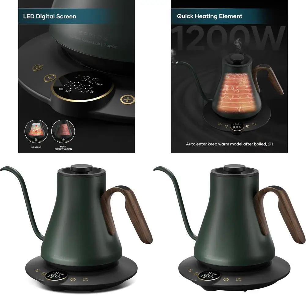 

±1°F Precision Temp Gooseneck Kettle for Coffee & Tea, Fast Heating, BPA-Free, Timer, 1500W, 0.9L