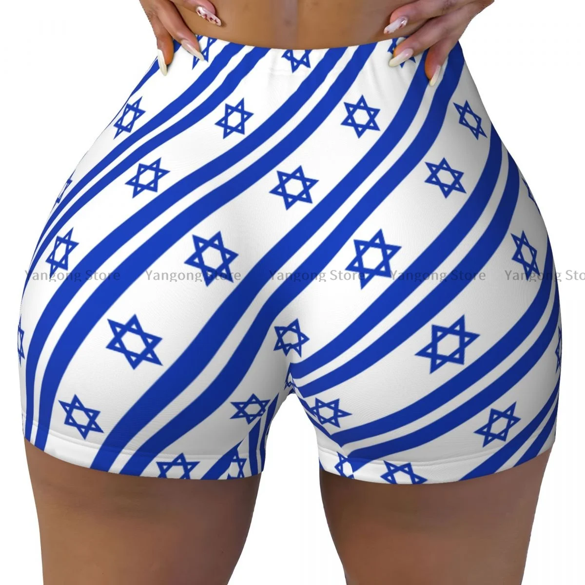 Shorts de ioga elásticos para mulheres, leggings esportivos apertados, padrão bandeira de Israel, roupas esportivas para motociclista, treino