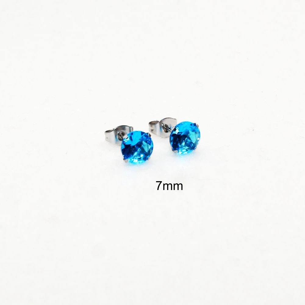 Stainless Steel Stud Earrings With Ocean Blue Zircons Classical Style From 3mm to 8mm No Fade Allergy Free Quality Jewelry