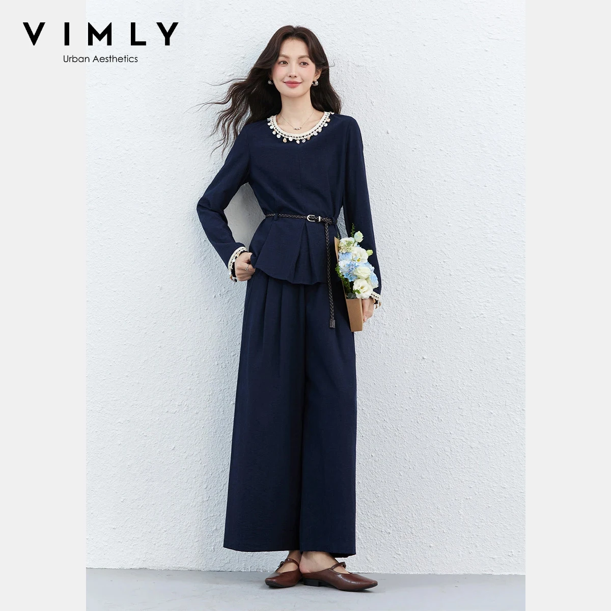 

VIMLY Women's Casual Suit 2026 Spring New Crew Neck Shell Pendant Ribbon Lace-up Top Wide leg Pants 2 pieces set for woman A3763