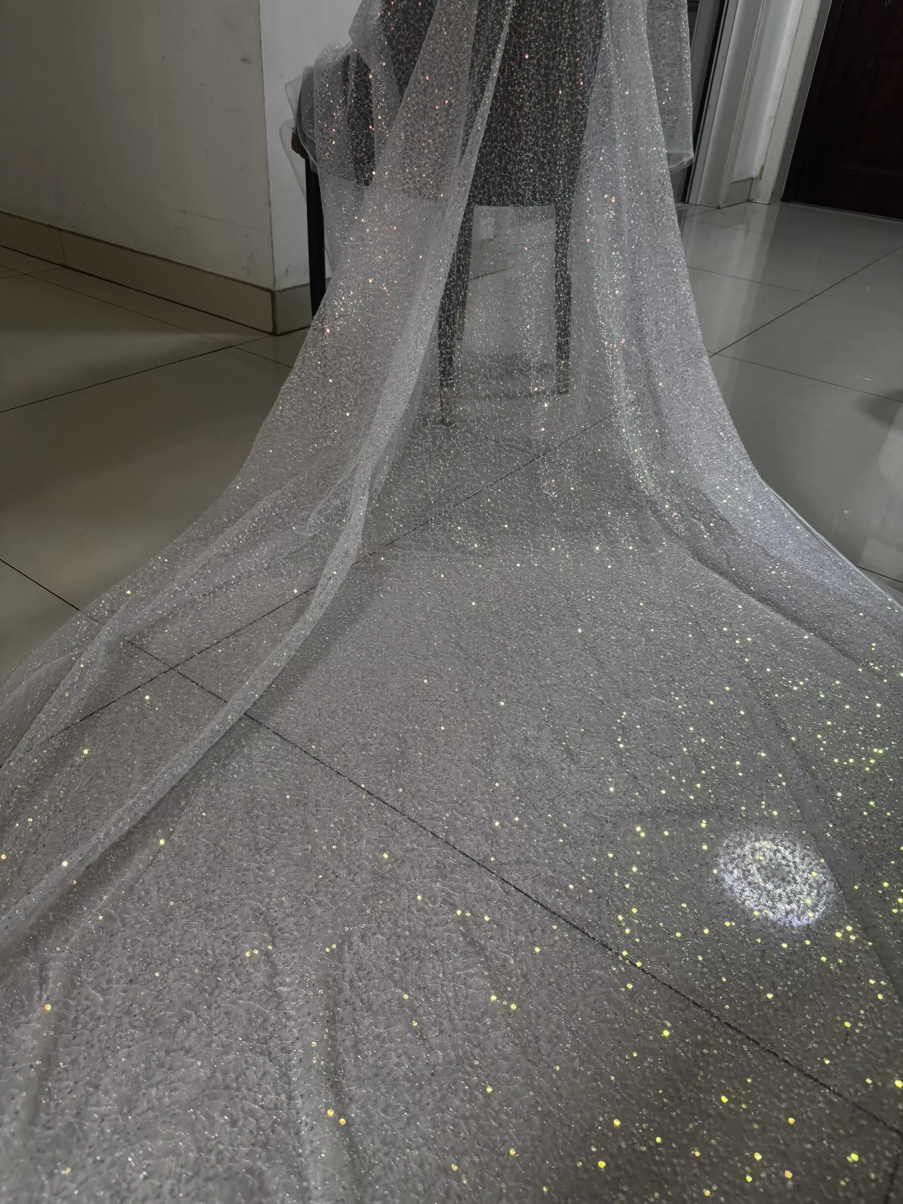 Mesh Silver Yarn Base Cloth Stage Costumes Sparkle Embroidered Sequin Fabric Evening Dresses Bow Decor Sequin Material
