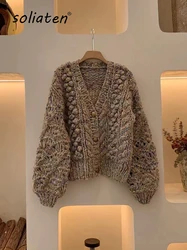 Ręcznie robiony gruby kardigan damski dekolt w serek sweter w stylu vintage płaszcz 2024 zimowy Trend Bubble Retro znosić elegancka dzianina strój C-240