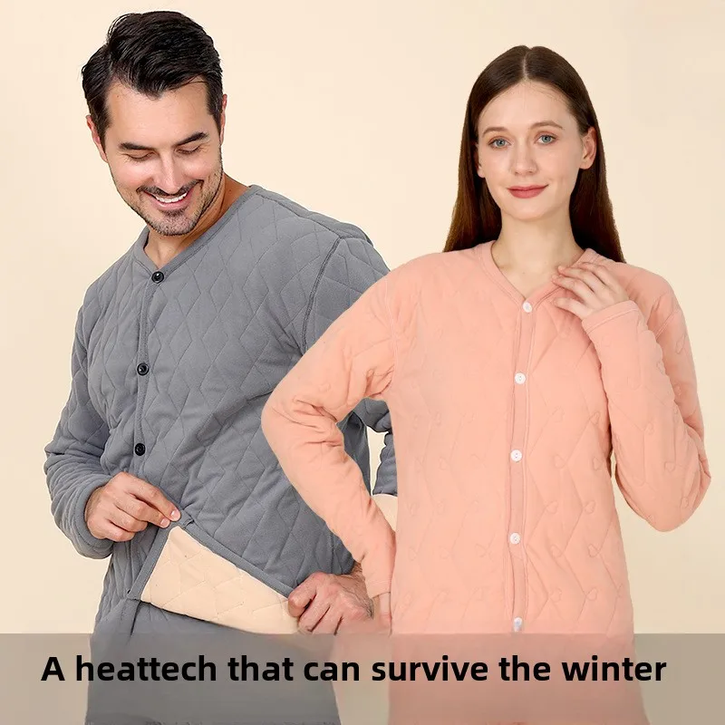 

Winter Fleece Thickened Solid Color Plaid Men Thermal Pants Button Outwear Cotton Warm Thermal Tops Velet Clothing