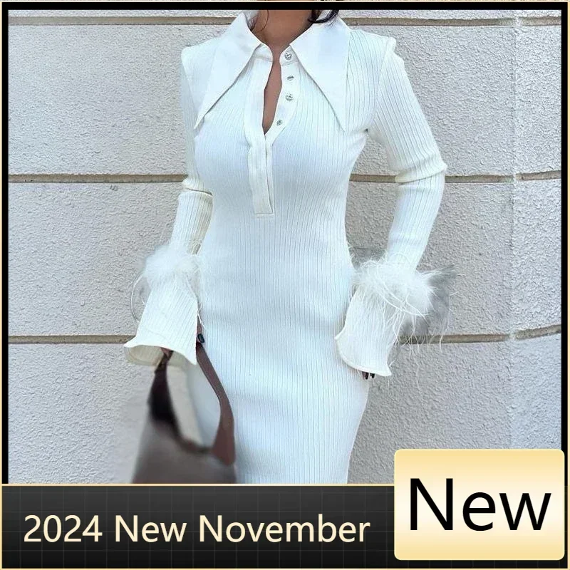 

Customized Customized Women Fashion Solid Feather Splicing Shirt Dress Autumn Casual Long Sleeve Party Dress Ladies Sexy Turn-do
