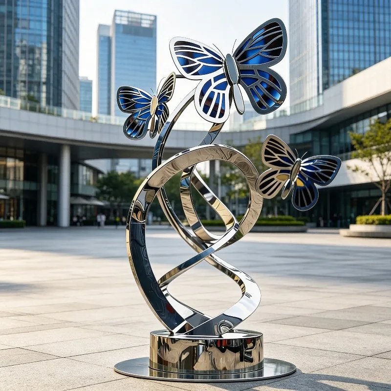 Mirror Polished Color Inlaid Butterfly Stainless Steel Sculpture Custom For Outdoor Garden Villa Courtyard Natural Landscape