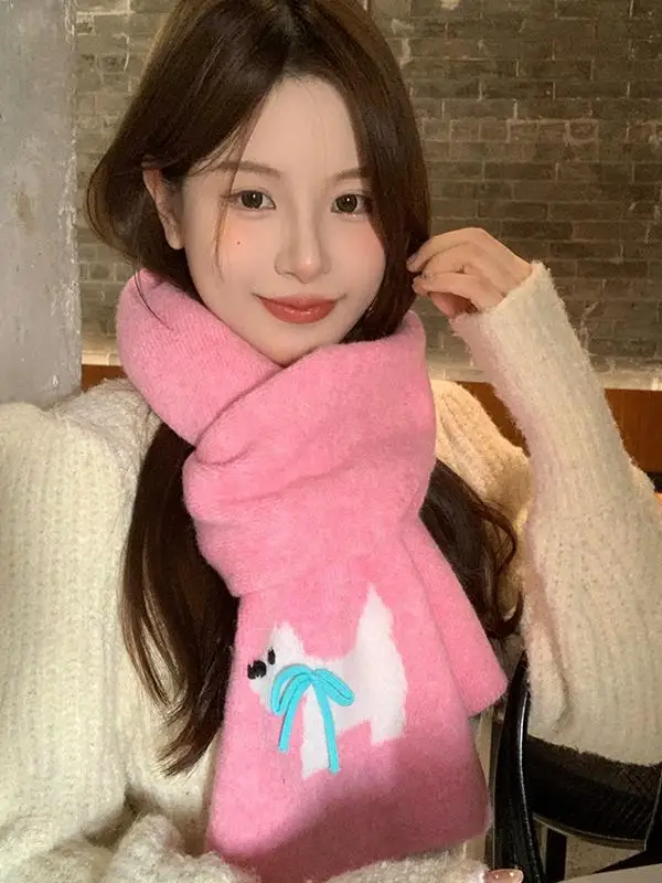 Adorable Little Dog Knitted Scarf Women's Winter New Style Handmade Bowtie Fake Cashmere Warm Couple Cold Proof Neck Warmer