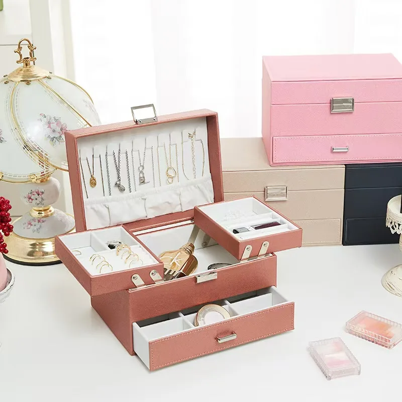 Three-layer Jewelry Organize Box Large Portable Earrings Rings Storage Case PU Necklace Display Gift For Girls Jewelers