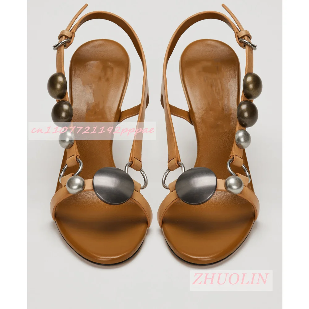 Women Metal Disc Decor Slingback High Heel Sandals Open Toe Thin Strap Buckle Stiletto Heel Summer Party Dress Fashion Sandals