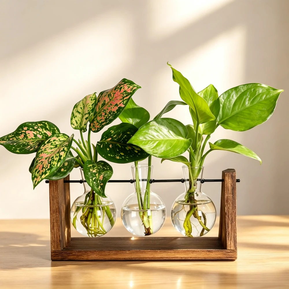 Wall Mounted Glass Planter with Wooden Shelf Hydroponic Vase for Plant Propagation Nordic Style Home Office Kitchen Ornaments