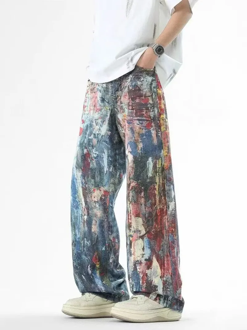 

Y2K fashion retro oil painting style men loose jeans American washed hip-hop punk high-waisted jeans casual high street pants