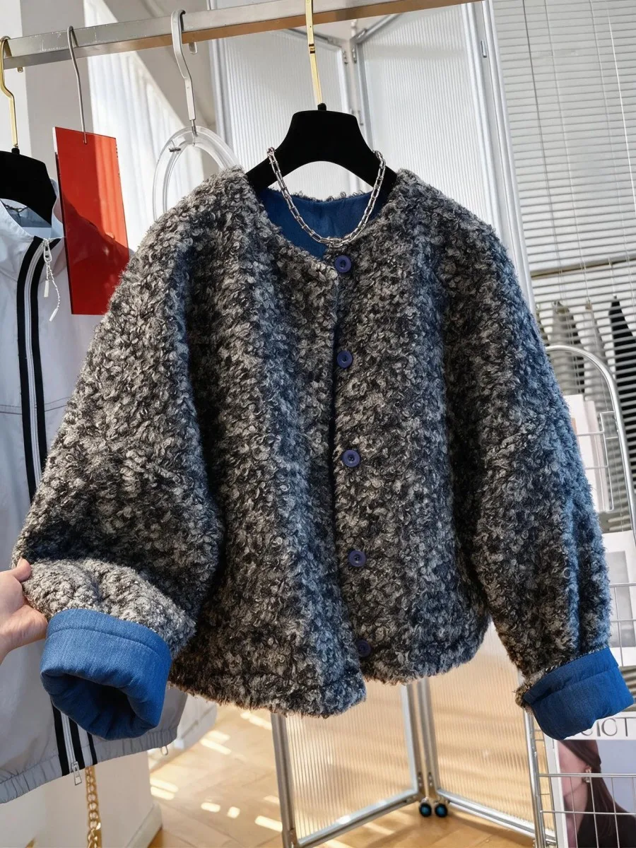 Lamb Fur Jacket Women's Thickened Cotton Short Loose Style Lamb Velvet Coat Warm Casual Fashion Polyester Fabric round Neck