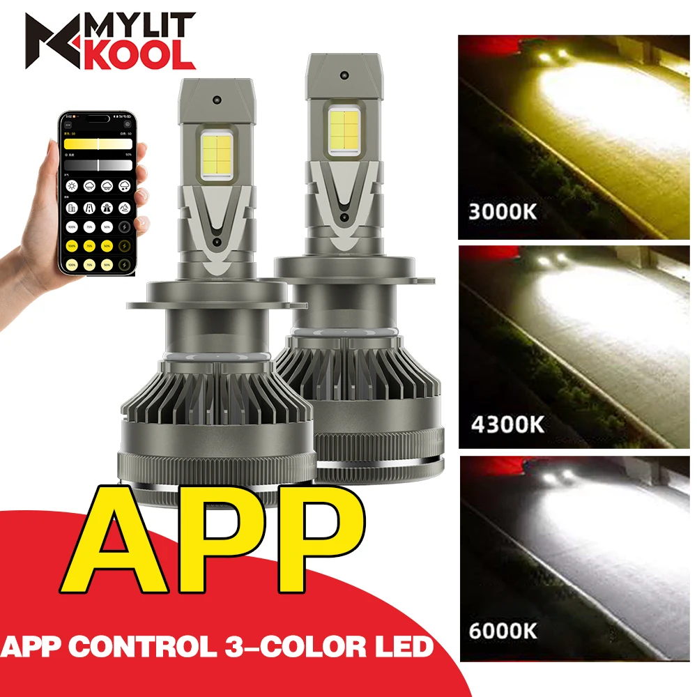 

3-цветное управление через приложение 140 Вт H7 светодиодные фары с H1 H4 H11 H3 9005 HB3 9006 HB4 9012 6000K 4300K 3000K для автомобильных фар