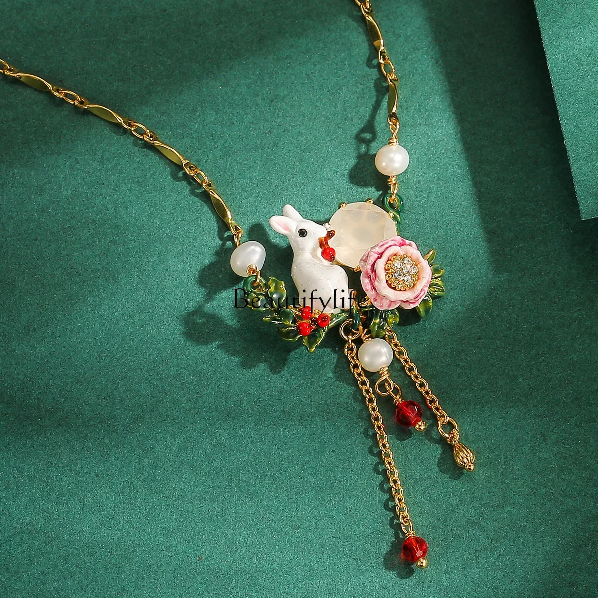 

Enamel Glazed Sequins White Bunny Rose Flower Berry Pearl Tassel Necklace