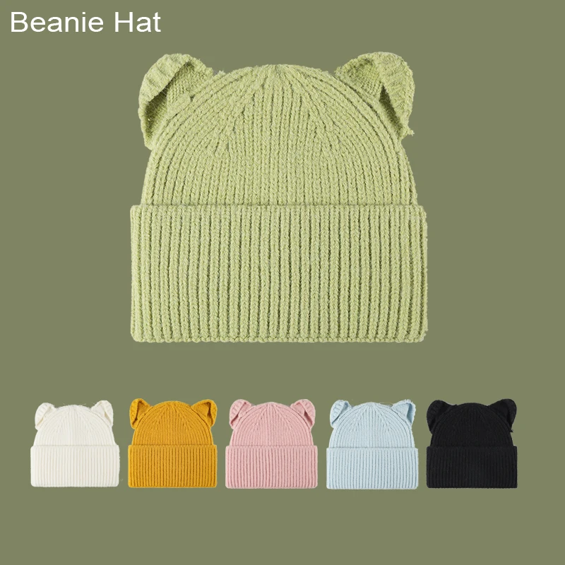 

Light Cute Thickened Faux Rabbit Fur Autumn Winter Cat Ear Knitted Hat Outdoor Brimless Women's Ear Protection Wool Beanie Cap
