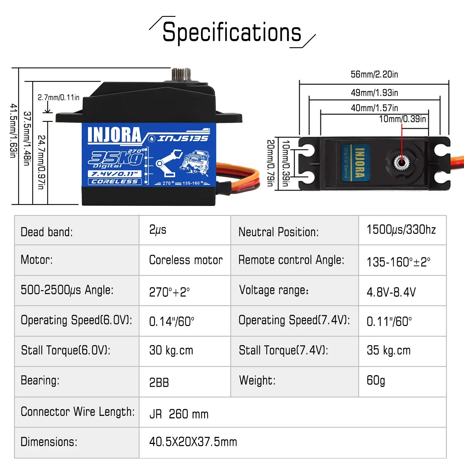 INJORA INJS135 Servo coreless digitale impermeabile a coppia elevata da 35 kg per modello di robot cingolato SCX10 TRX4 per auto RC (270 gradi)