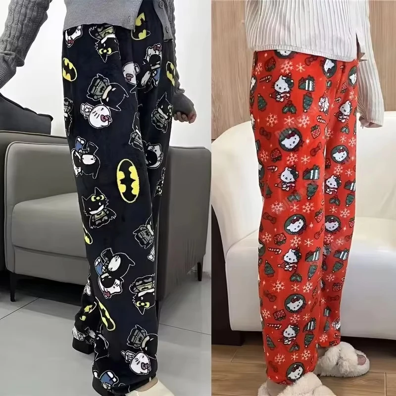 26 Sanrio Y2k Celana Piyama Batman Hello Kitty Musim Gugur/Dingin Celana Lucu Flanel Kasual Hangat Wanita Kartun Celana Lucu Pakaian Mewah Natal