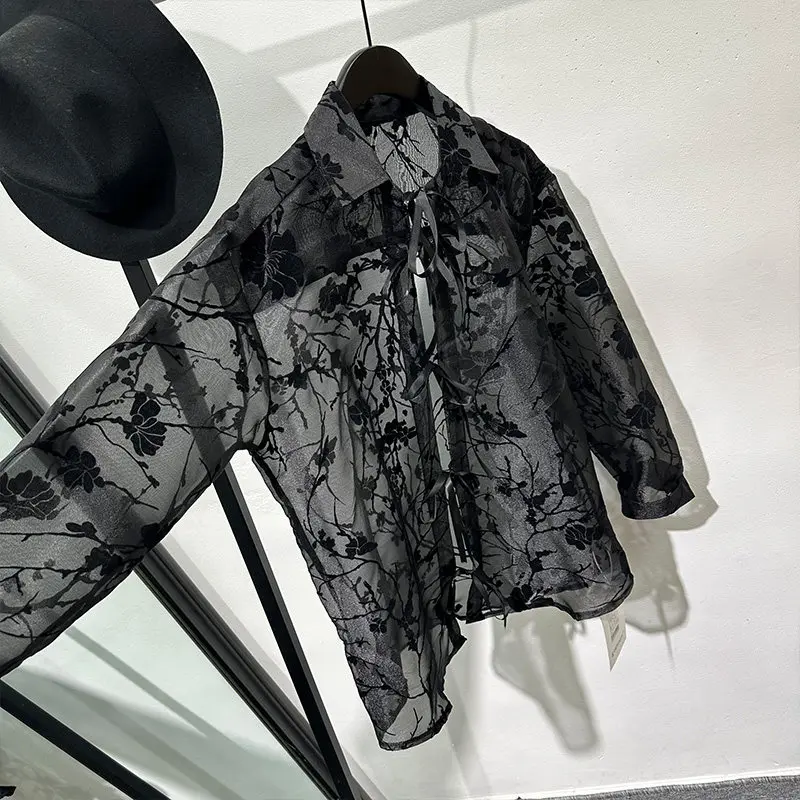 Fashionable Hollow out See through Printed Loose Long Sleeves Shirt Ruan Shuai Retro Organza Clothing