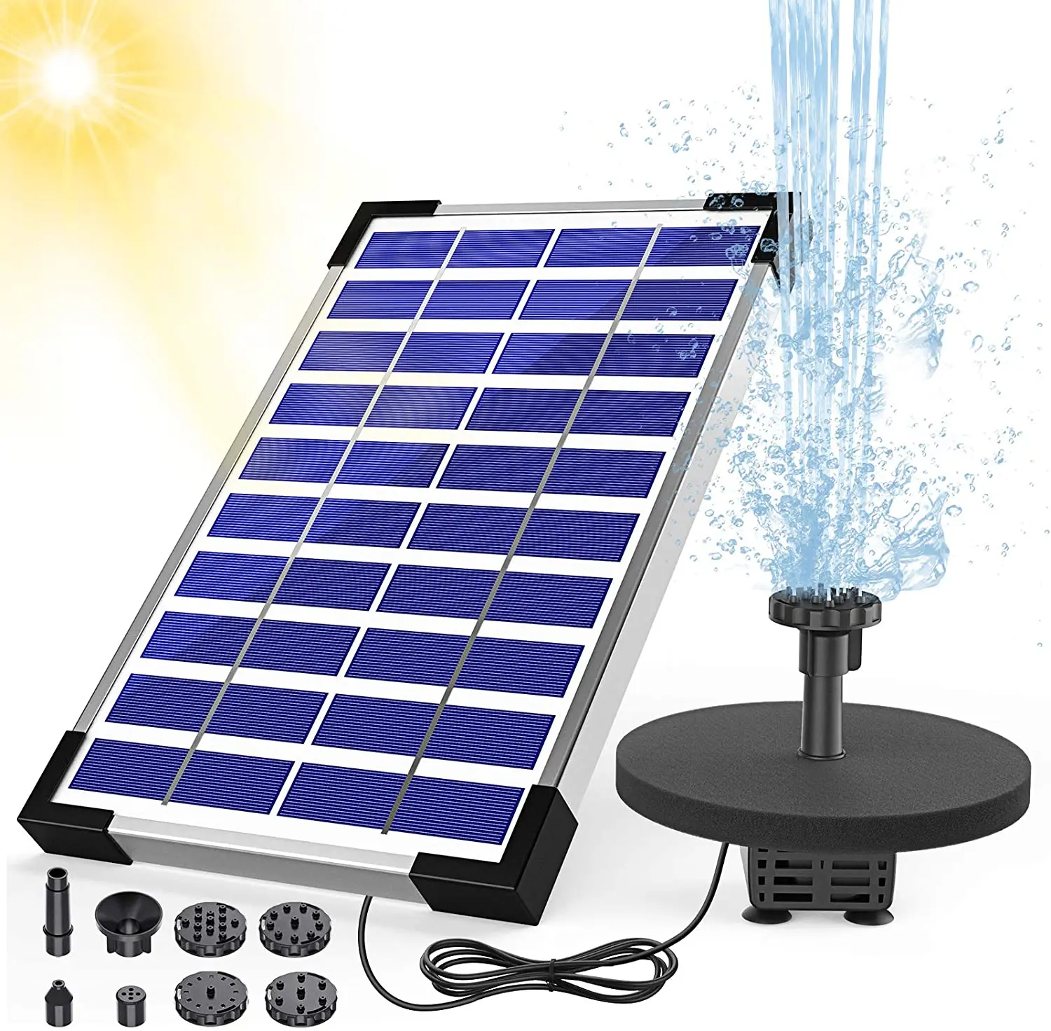 PALONE 5.5W Solar Fountain Pump built-in 1500mAh Battery Solar Water Pump Floating Fountain with 6 Nozzles, for Bird Bath