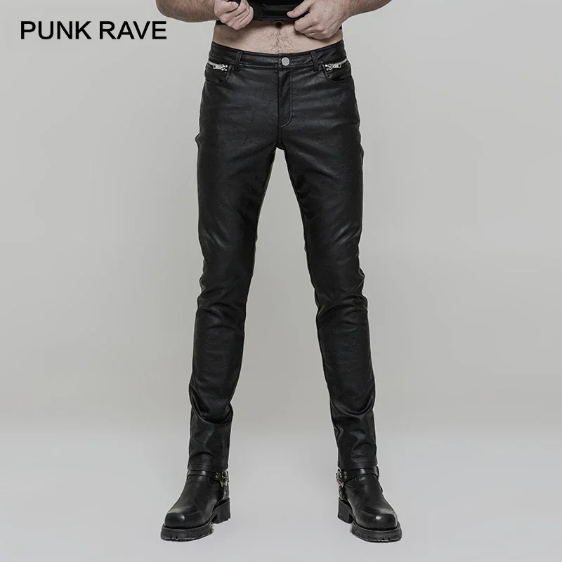 PUNK RAVE Men Heavy Metal Punk Rock Straight Leg  Slim Leather Pants Black PU Trousers