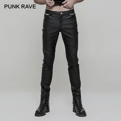 PUNK RAVE Men Heavy Metal Punk Rock Straight Leg  Slim Leather Pants Black PU Trousers