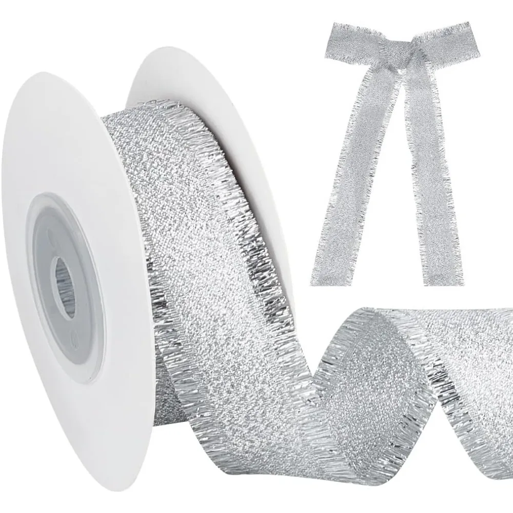 10 Yards Polyester Ribbons with Fringe Edge Clothes Accessories Silver 7/8 inch(22mm)