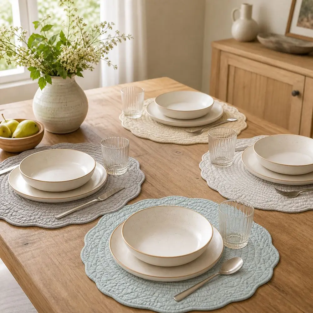 New Cotton Round Placemats Washable Scalloped Edge Quilted Placemats Prairie Chic Style Table Decor Table Mats