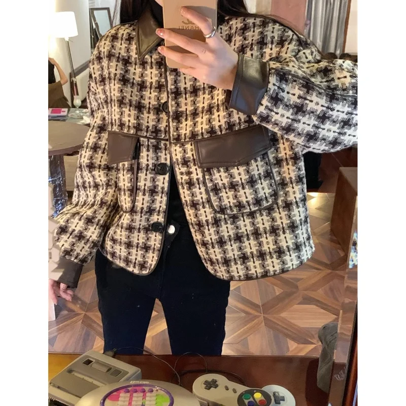 Odzież damska Retro Splicing Street Sweatshirt Plaid Shirt Long Sleeves Casual Warm Oversize Ladies Tops Pilot Jacket Design