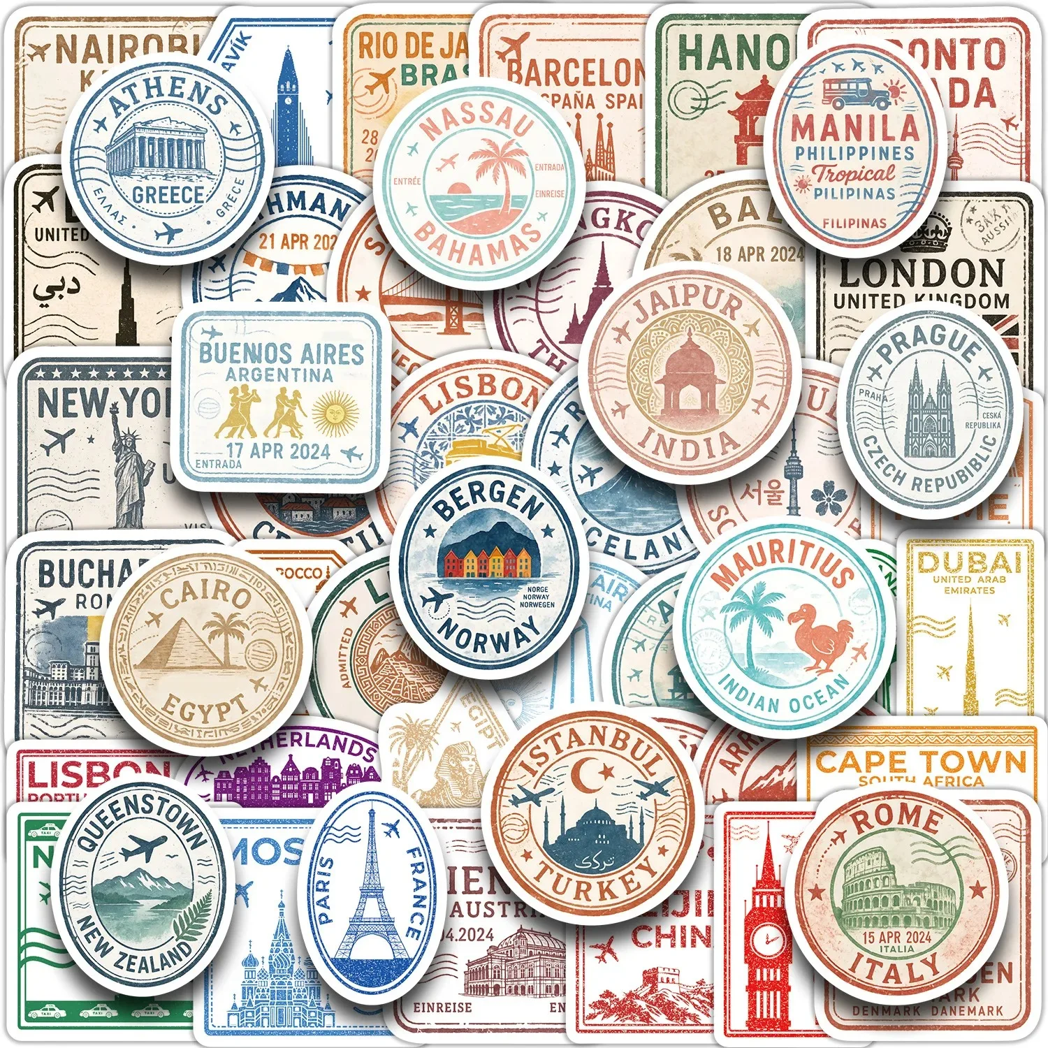 50PCS New Passport Stamp Graffiti Stickers Famous Buildings Sticker for Phone Computer Notebook Stationery DIY Toys Secret