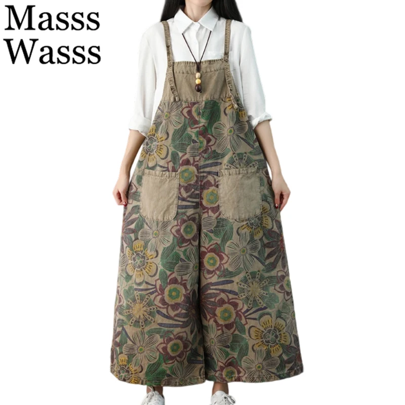 

Mass Wasss, женские модные классические широкие брюки, женские винтажные повседневные джинсовые комбинезоны с принтом, свободные джинсы с цветочным принтом, хлопковые брюки