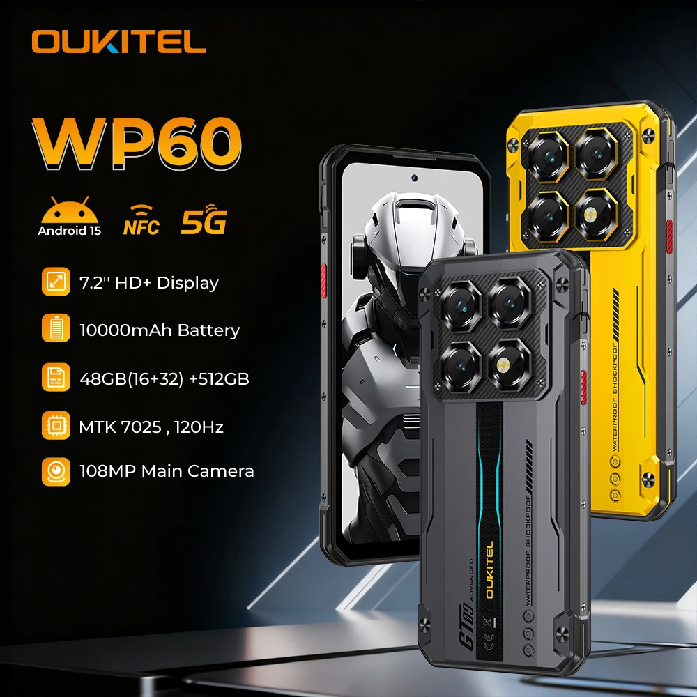 OUKITEL WP60 5G NFCスマートフォン 10000mAh 48GB(16+32) +512GB、MTK 7025 Android 15タフネススマホ、108MPカメラ、120Hz