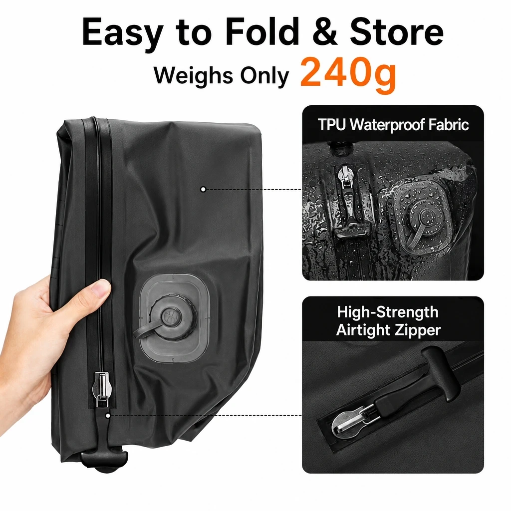 Automatischer Vakuumbeutel 28L mit Integrierter Luftpumpe, Wasserdichte und Wiederverwendbare Reise-Kompressionstasche, Faltbar, für Koffer, Rucksack und Gepäck, Ideal für Reisen und Outdoor, Leicht 240g, D-Ring – Detail 12