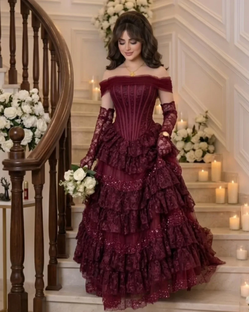 

Customized Exquisite Women Tulle Sequined Lace A-Line Evening Dresses Modern Style Off-the-shoulder Sleeveless Long Party Gowns