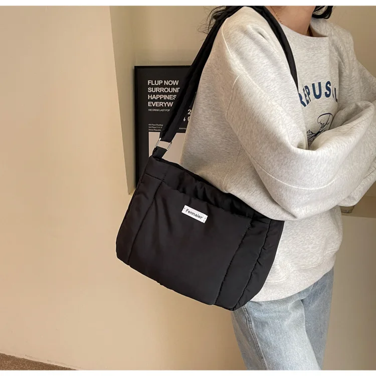 Lightweight Down Cotton Crossbody Bag Student Commuter Unisex Tote Bag Nylon Cloth Shoulder Bag